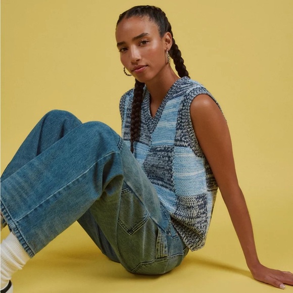 OBEY Women's XL Mira Sweater Vest V-Neck Wool Blend Color Block Blue Knit Twee - Picture 1 of 16